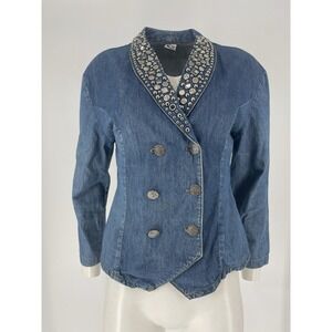 Vintage 80's Denim Jacket Bling Rhinestones‎ Studs Women Double Breasted Sz S M